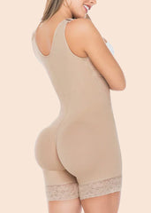 Beige shapewear garment worn by a model on a beige background