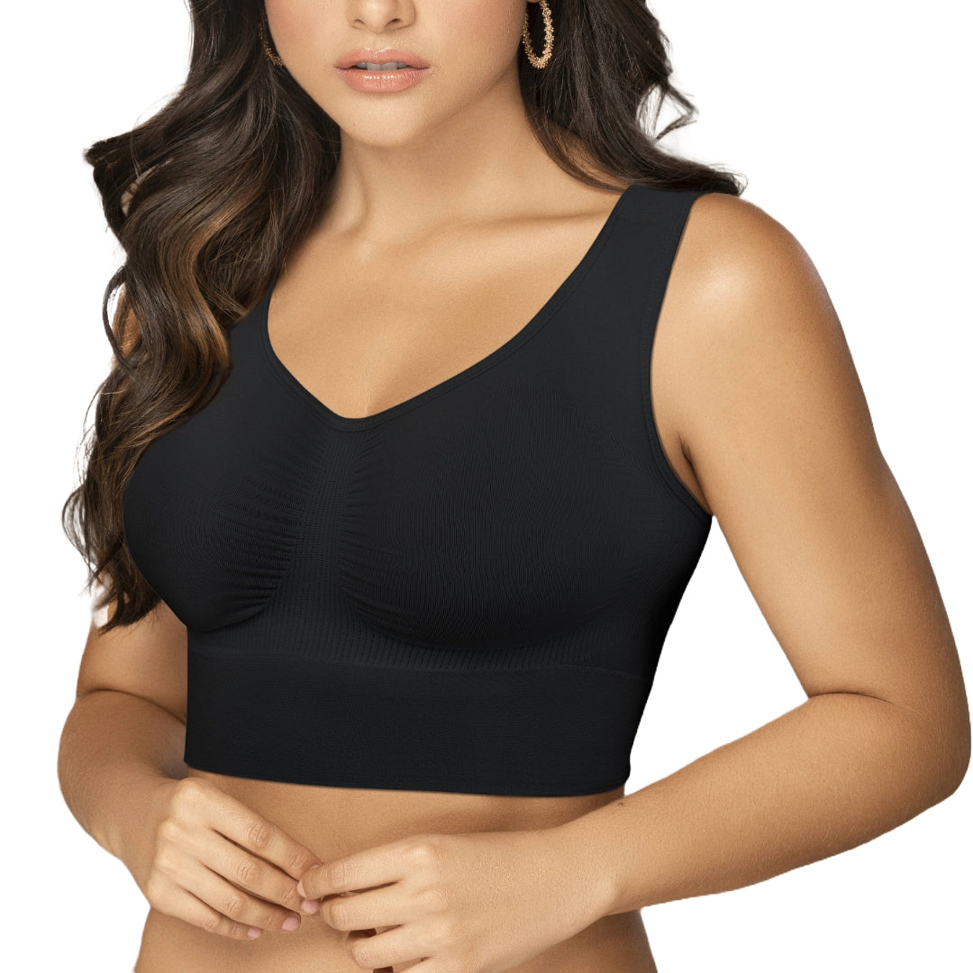 Front view of a black invisible shapewear bra with a smooth, stretchable fabric