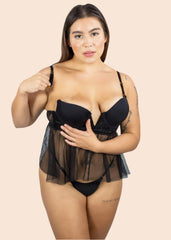 woman wearing a sexy black babydoll