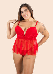 woman wearing a sexy red babydoll facing front