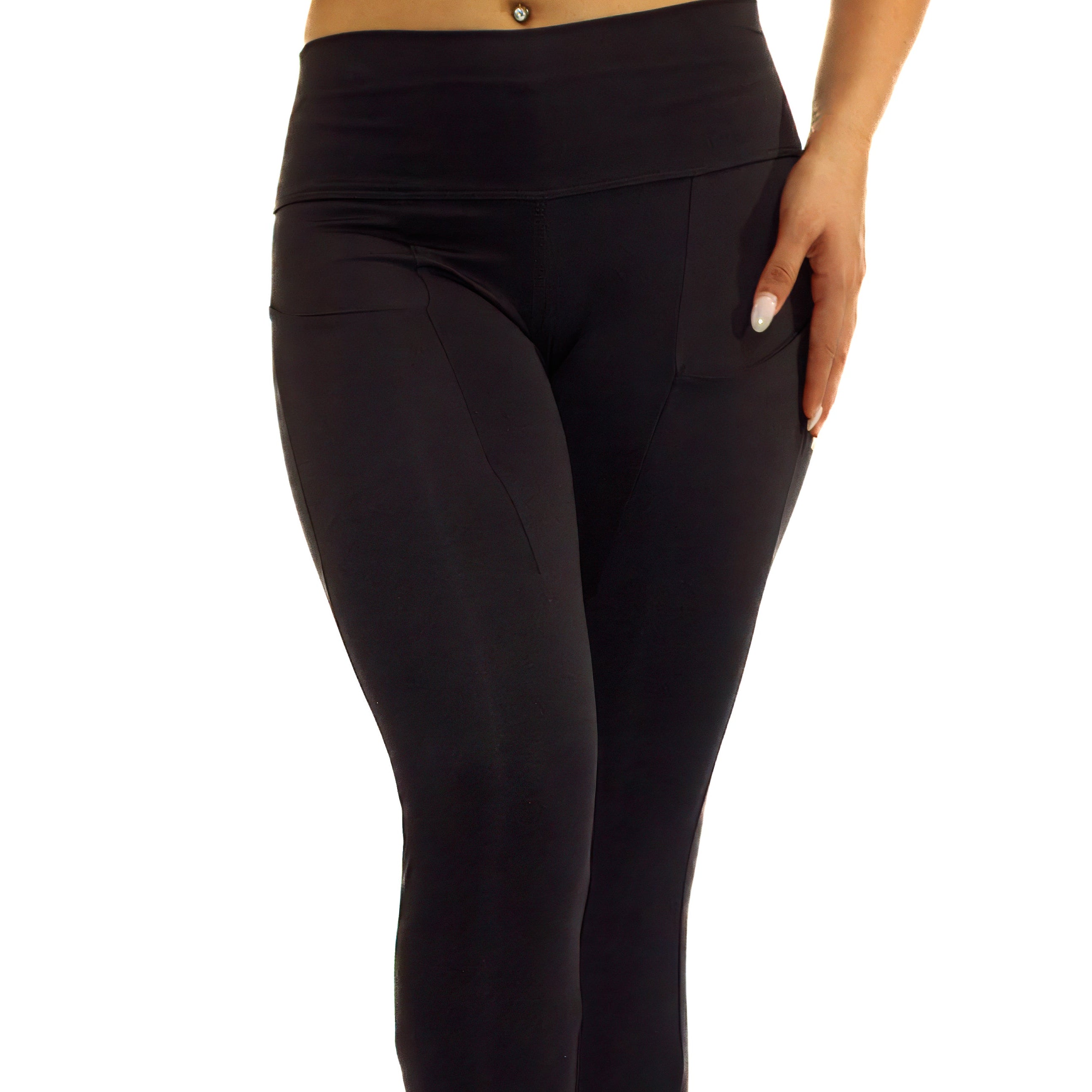 Arysti black high waisted leggings with side pockets and slimming tummy control.