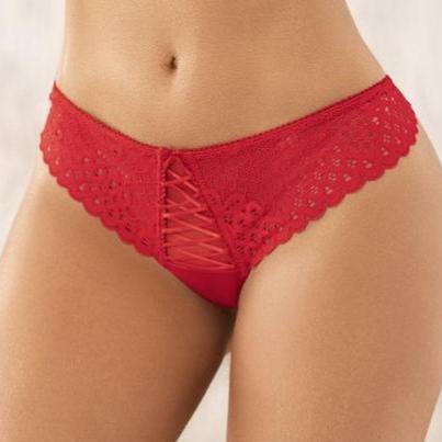 arysti model in a Brazilian lace thong in red