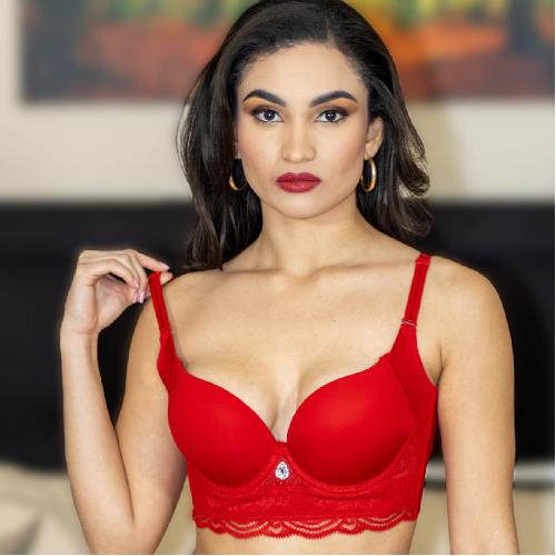 Arysti model wearing Enhancement Bra showcased in red