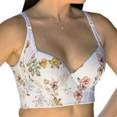 Side angle of a woman modeling the Floral Maximum Support Bra