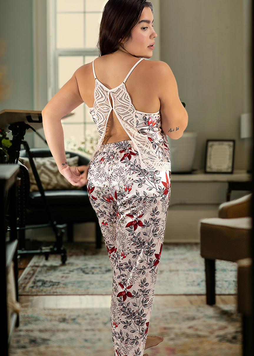 Woman in a floral pajama set