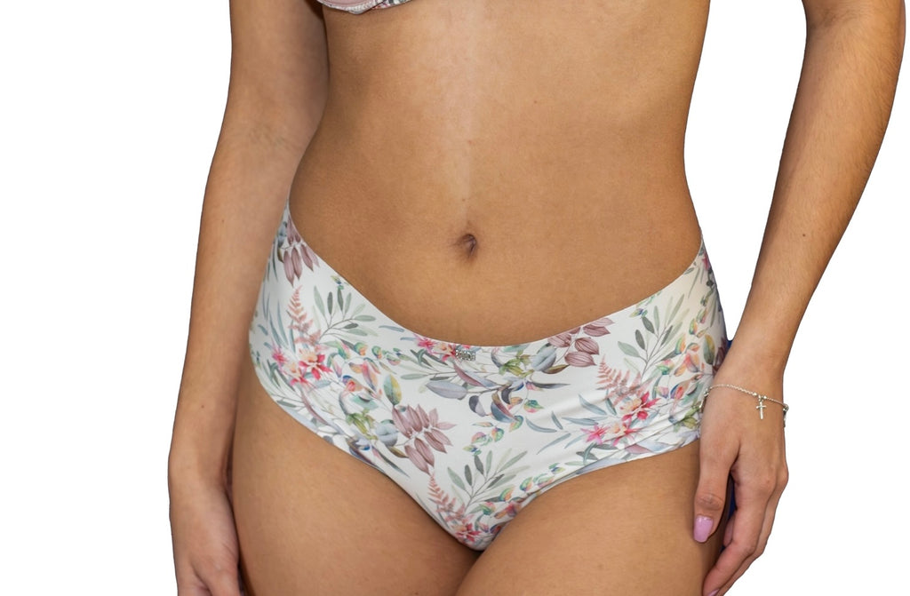 Model wearing a seamless hipster-style underwear with a floral print
