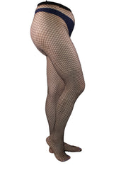Fishnet stockings with a solid color waistband on a white background