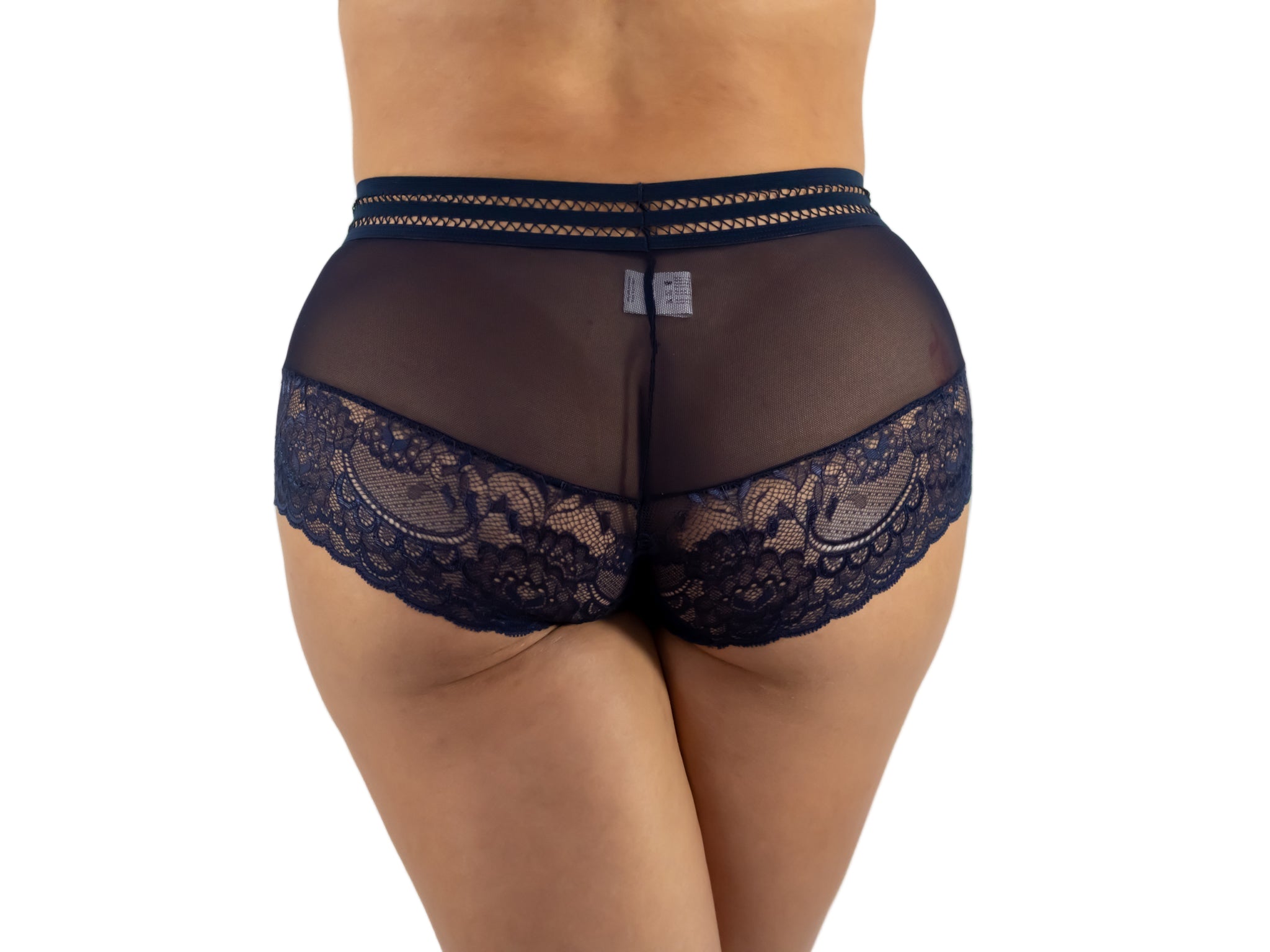 Navy lace underwear on a white background