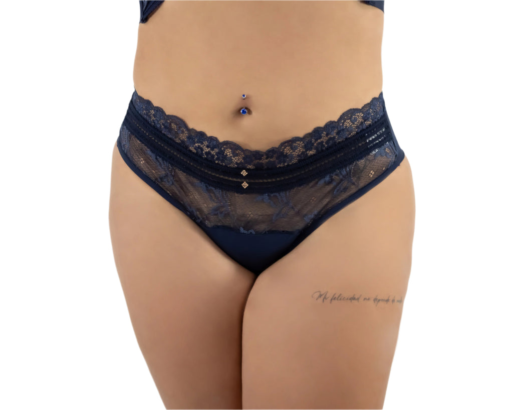 Navy blue lace underwear on a white background