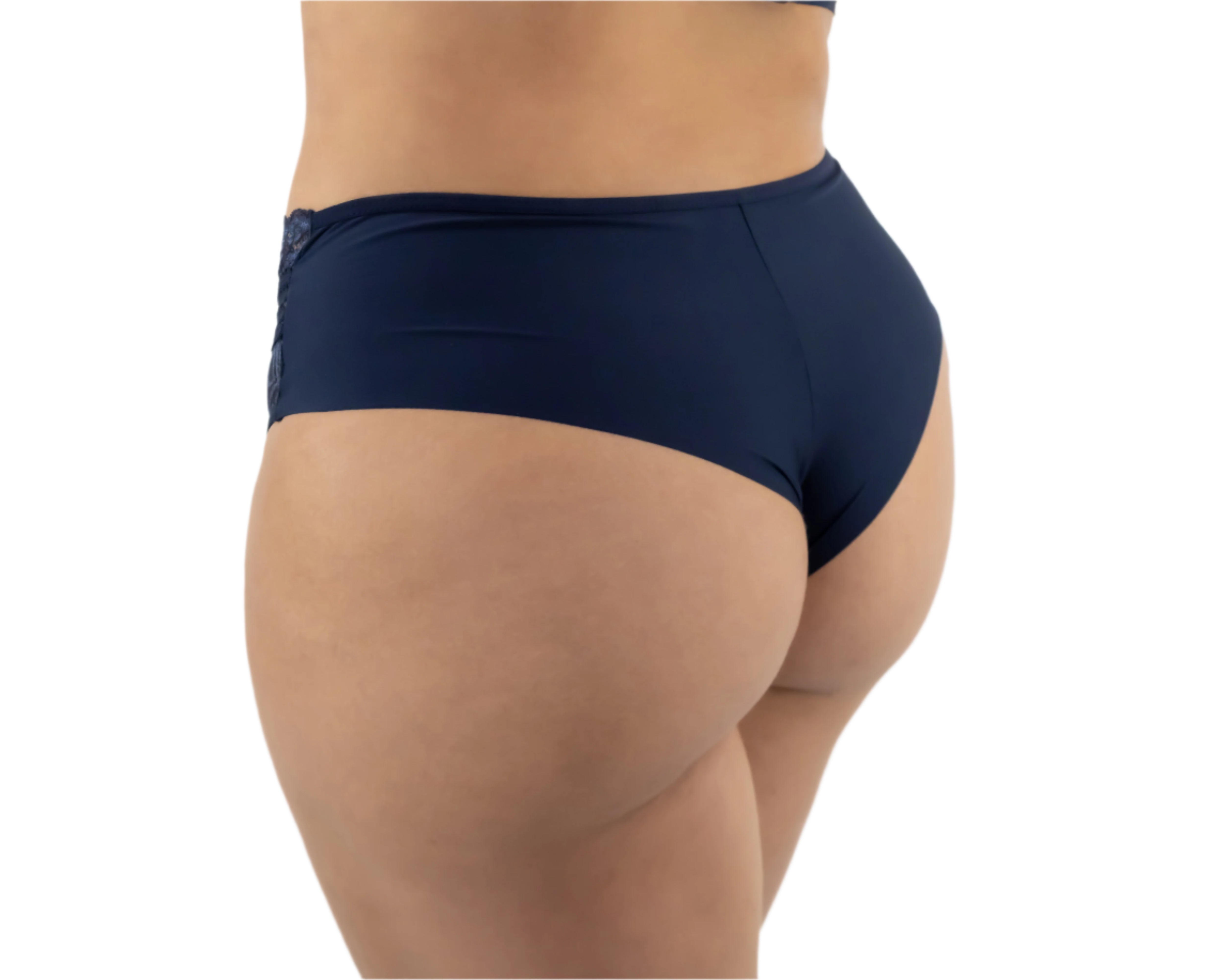 Navy blue swim bottoms worn by a person on a white background