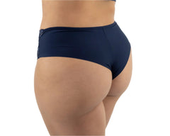 Navy blue swim bottoms worn by a person on a white background