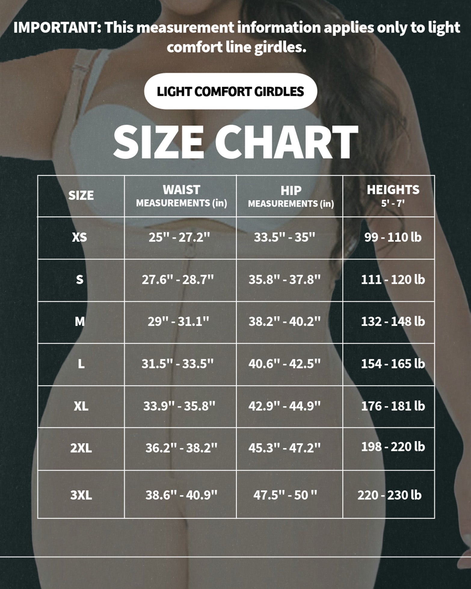 Light comfort girdles size chart with waist, hip, and height measurements.