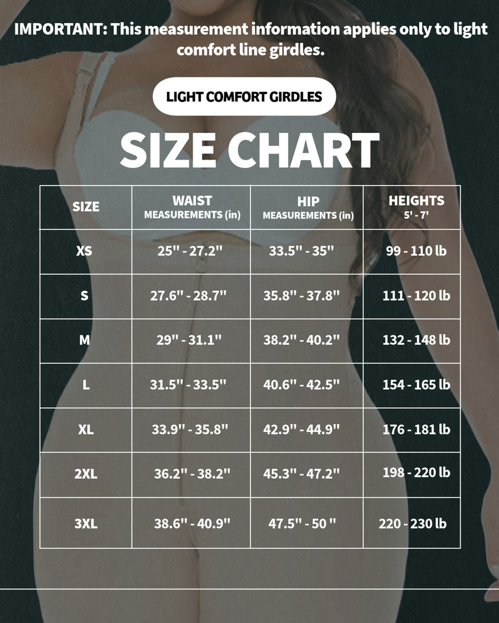 Light comfort girdles size chart with waist, hip, and height measurements.
