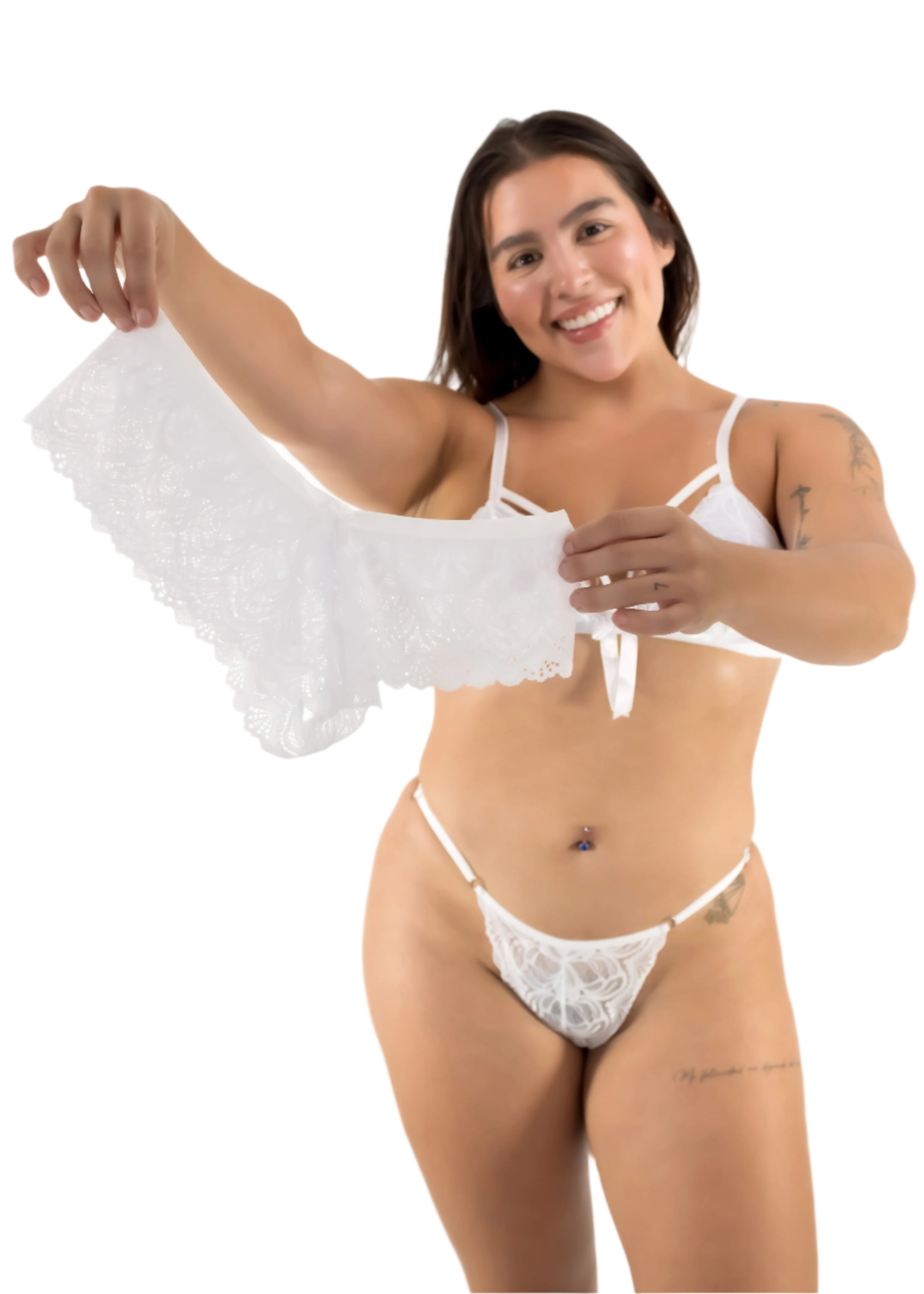 Model holding a white panty