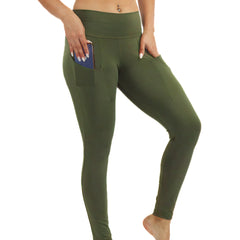 arysti military green high waisted leggings with side pockets and slimming tummy control.