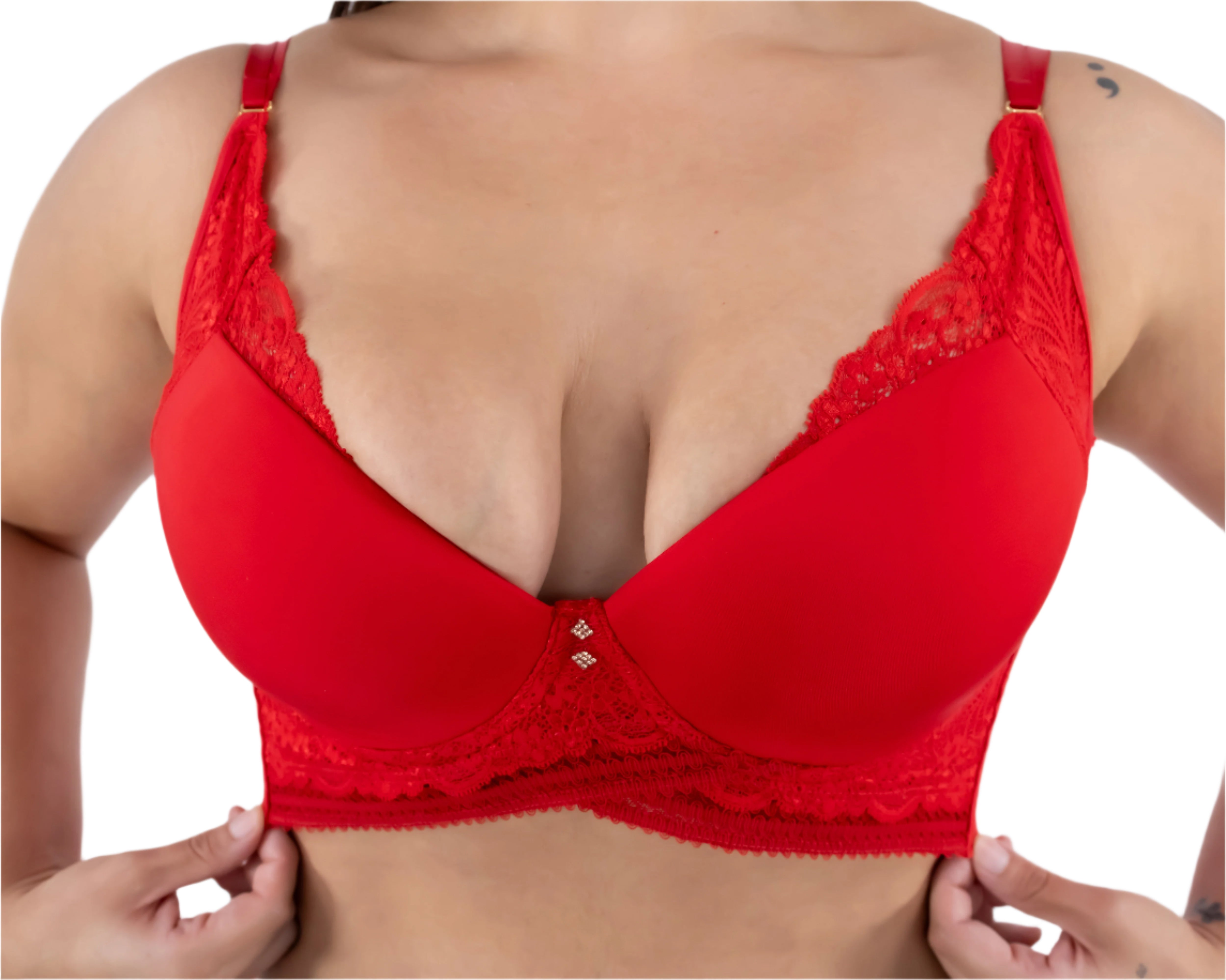 Red bra with lace details on a white background