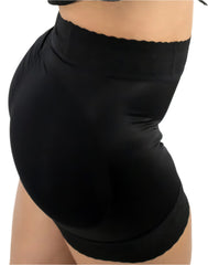 Black high-waisted bikini bottom on a white background