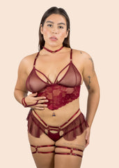 Woman wearing a burgundy babydoll
