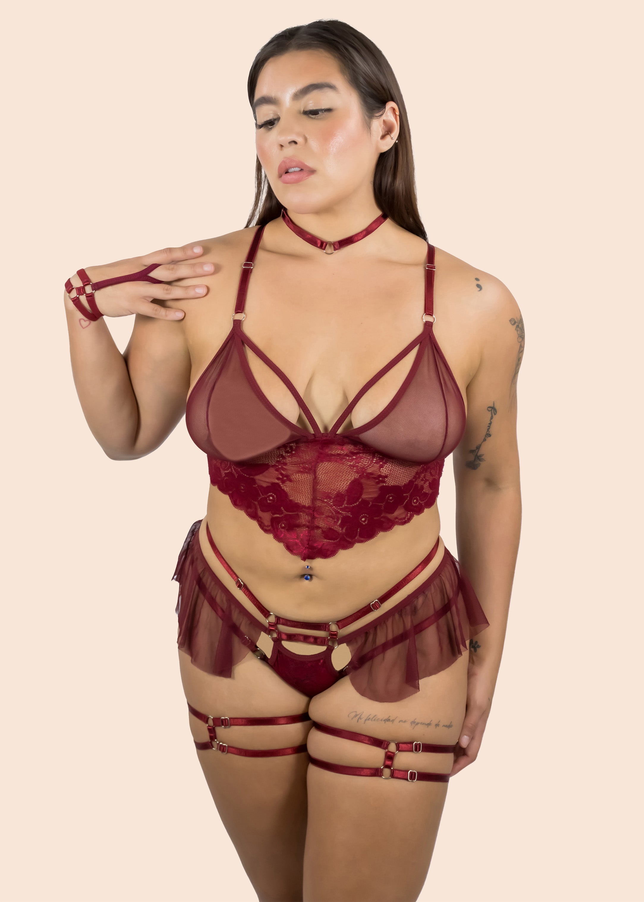 Woman wearing a burgundy babydoll