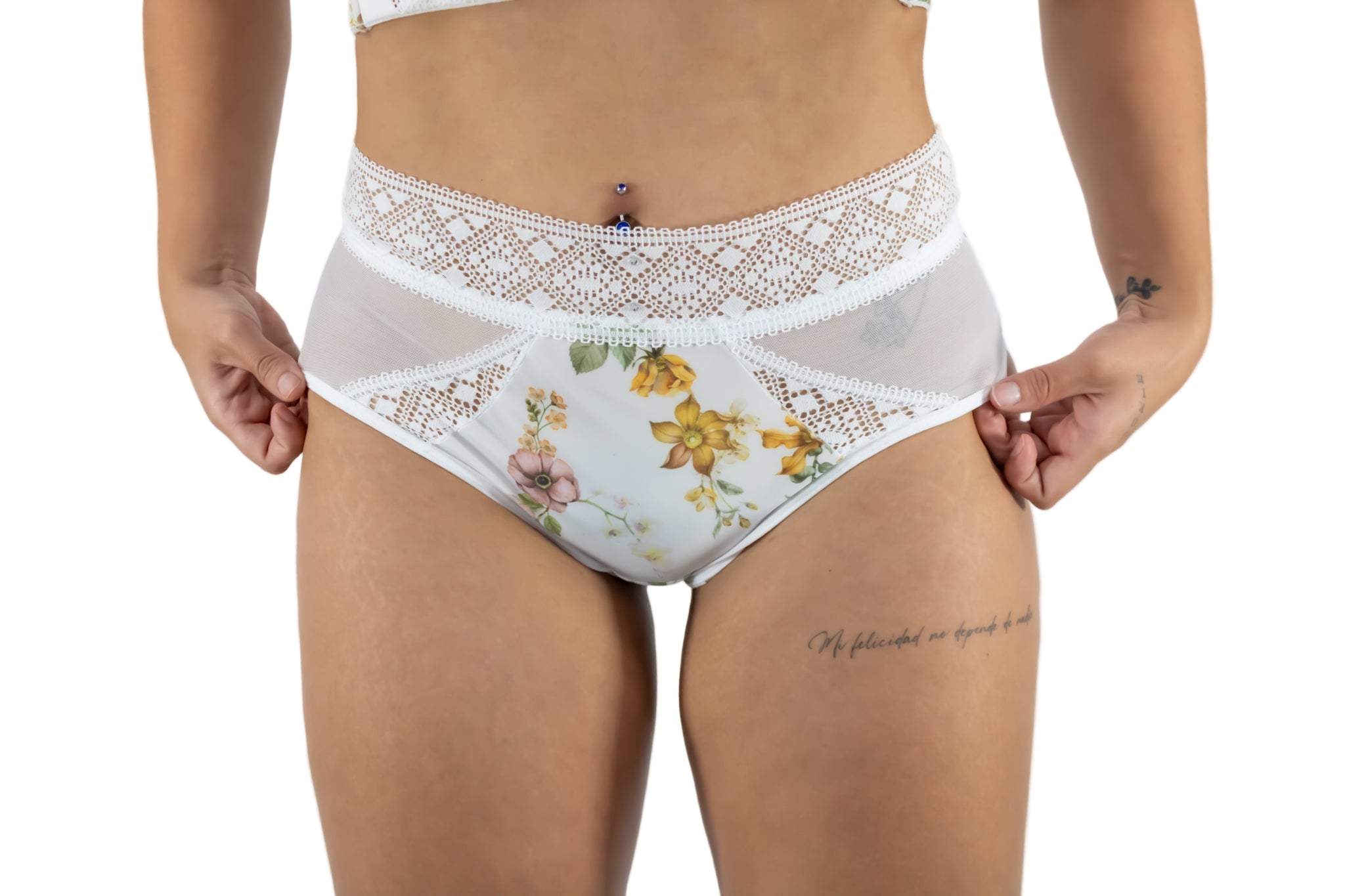 Floral-patterned underwear with lace details on a plain background