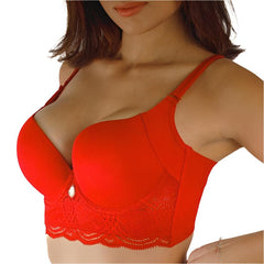 Detail of the lace pattern on the Double Enhancement Lace Bra in red