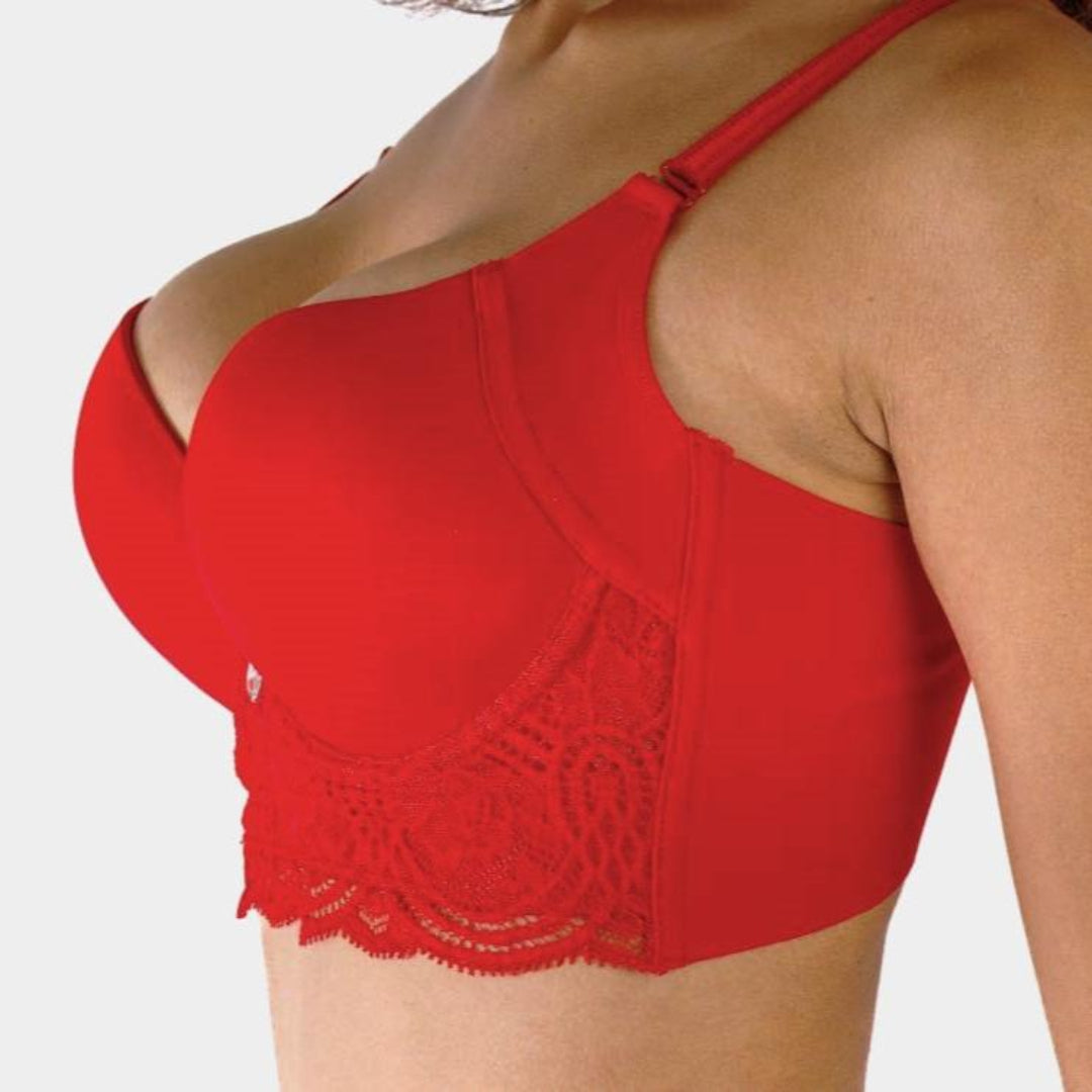 Front view of the Double Enhancement Lace Bra in red