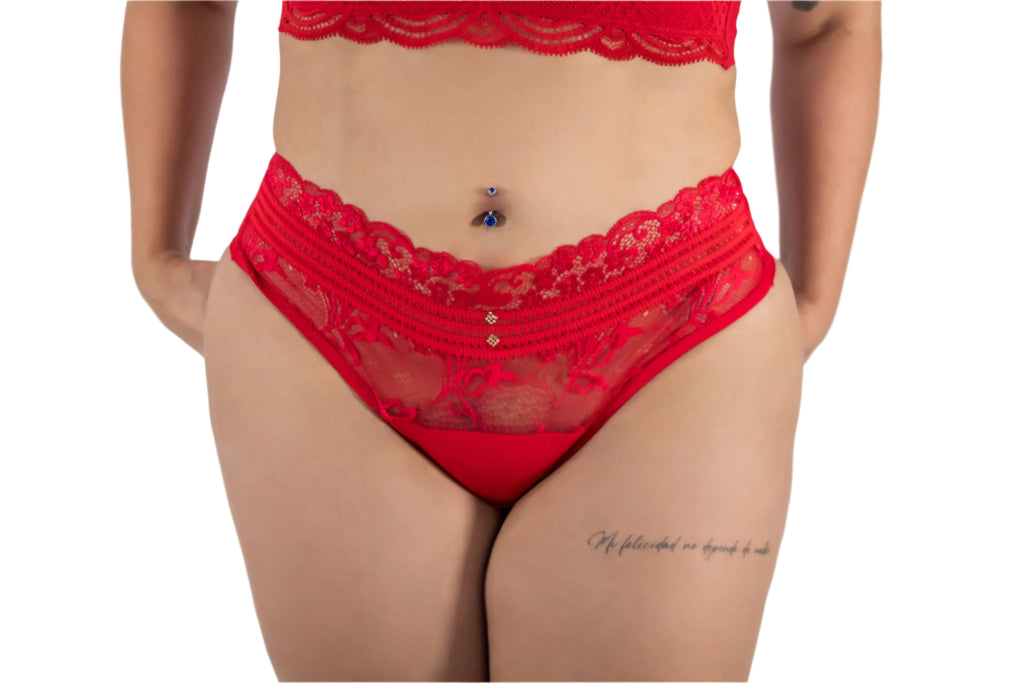Red lace lingerie set on a white background