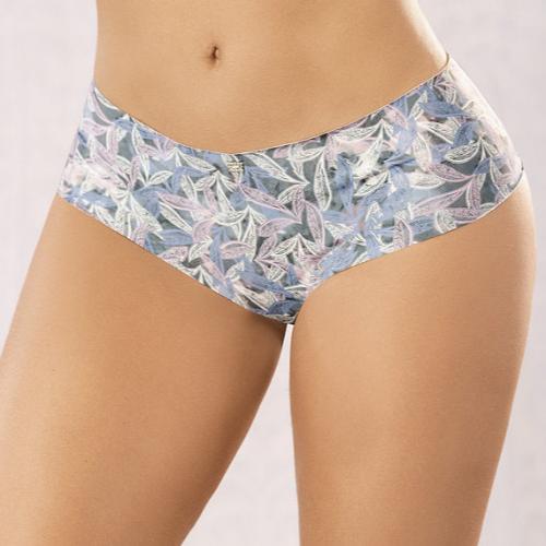 Close-up view of a seamless hipster underwear with blue and white floral design