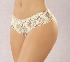 Floral-patterned underwear worn by a person on a light pink background