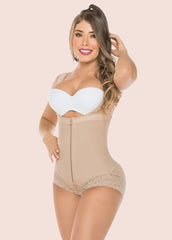 Woman wearing a beige shapewear garment on a beige background
