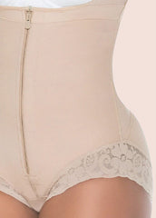 Beige shapewear with lace trim on a white background