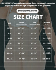 Size chart for strong control girdles with waist, hip, and height measurements.
