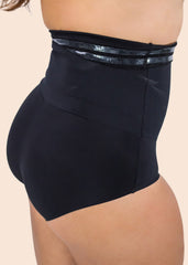 Black high-waisted shorts with a shiny waistband on a beige background