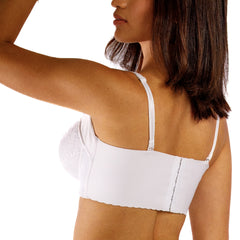 Model showing back of a white support bra