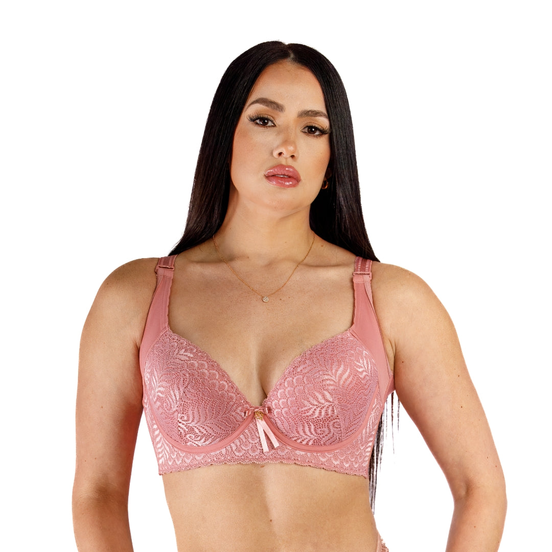  Model wearing a pink rose support bra